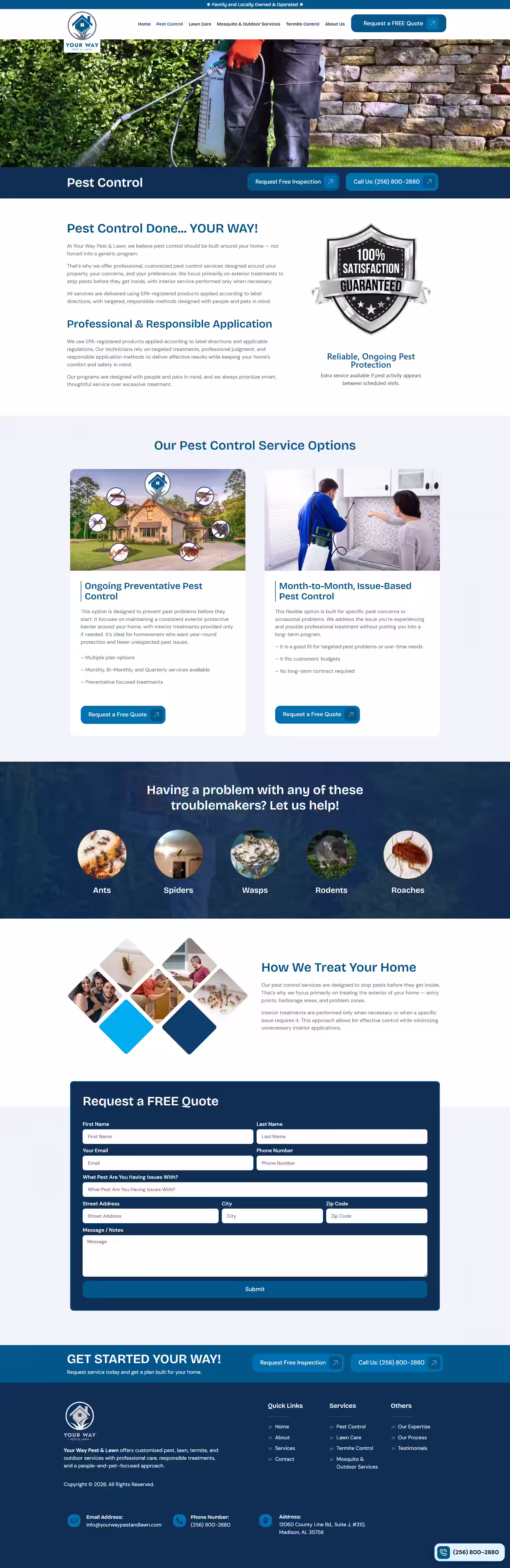Your Way Pest and Lawn EPA registered service pillars on WordPress site