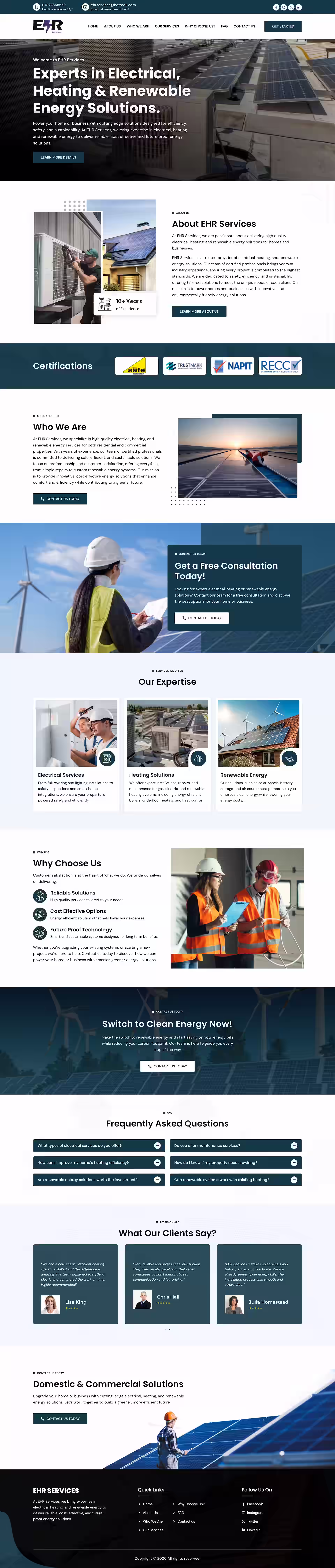 EHR Services homepage hero with electrical, heating, and renewable energy positioning
