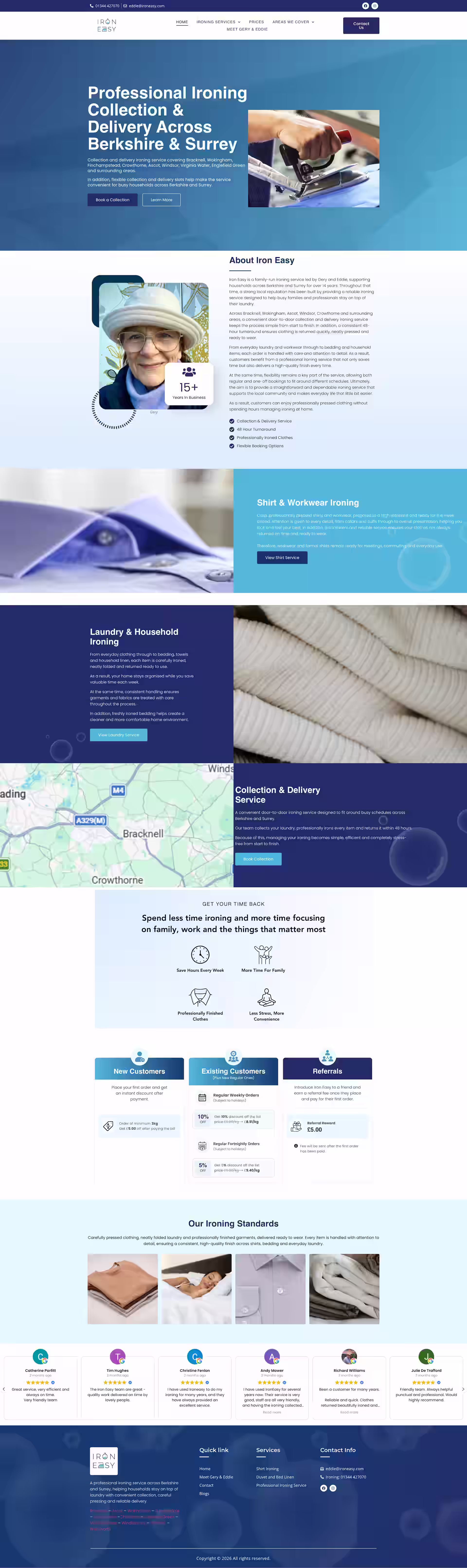 Iron Easy homepage hero showing ironing collection service design