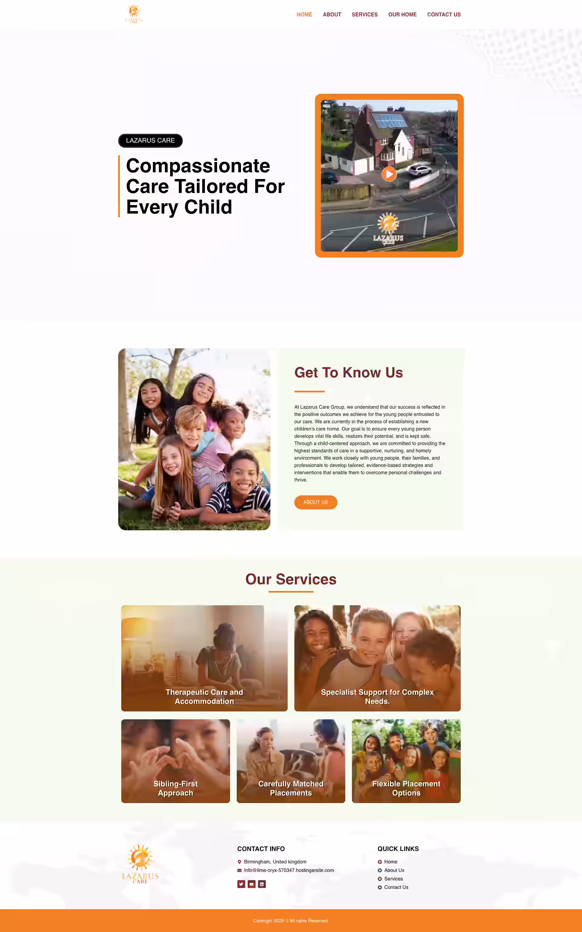 Lazarus Care homepage hero with compassionate care tagline and group photo