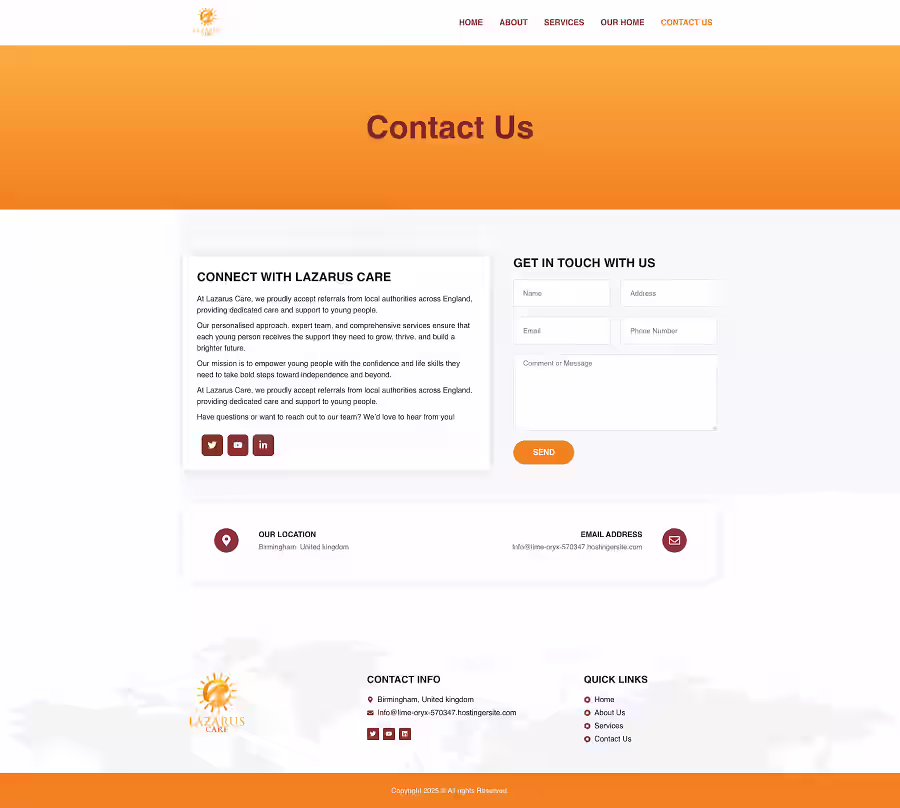 Contact Us page with referral enquiry form and Birmingham location Lazarus Care