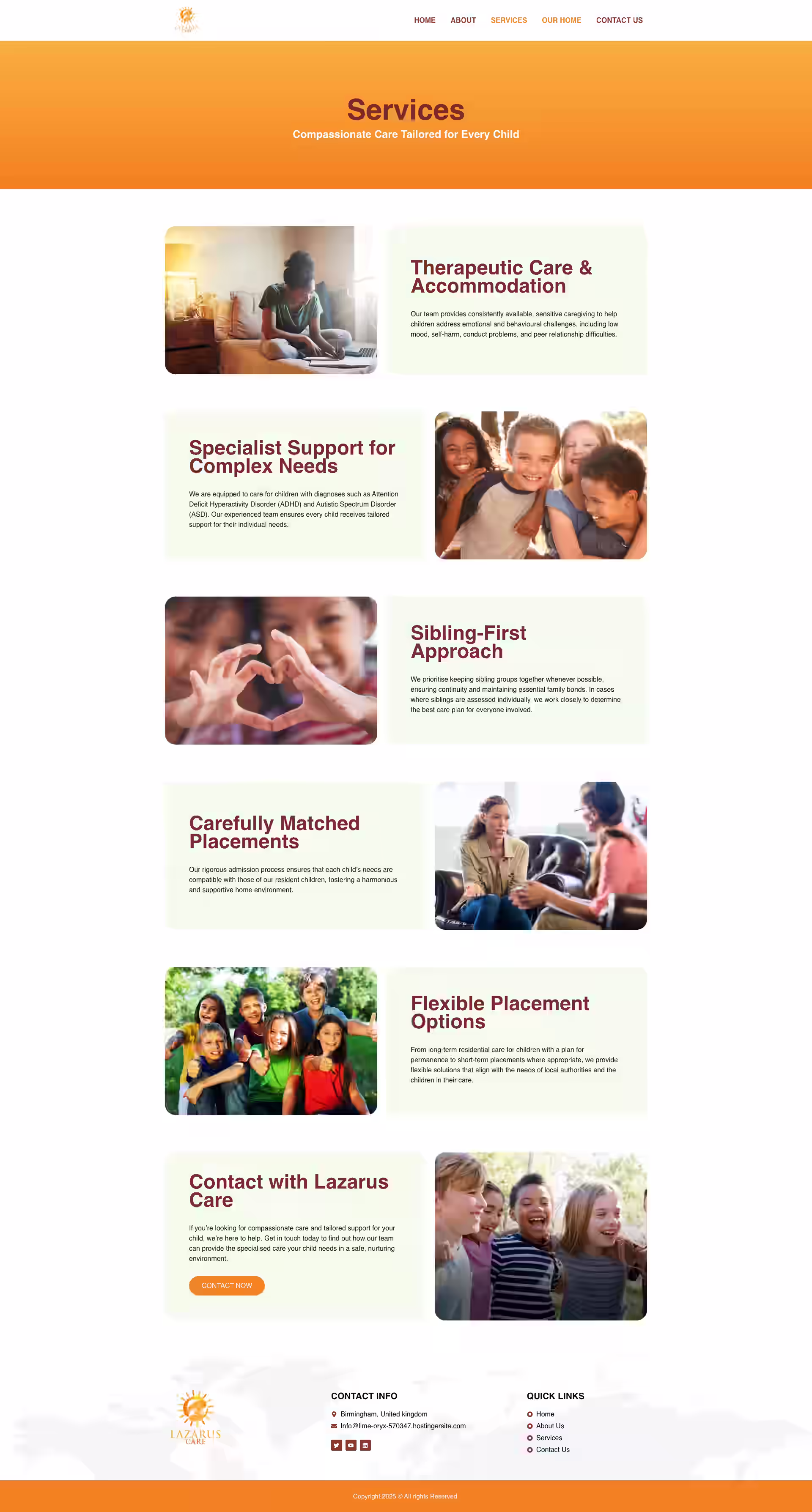 Services grid showing five care pillars on Lazarus Care homepage