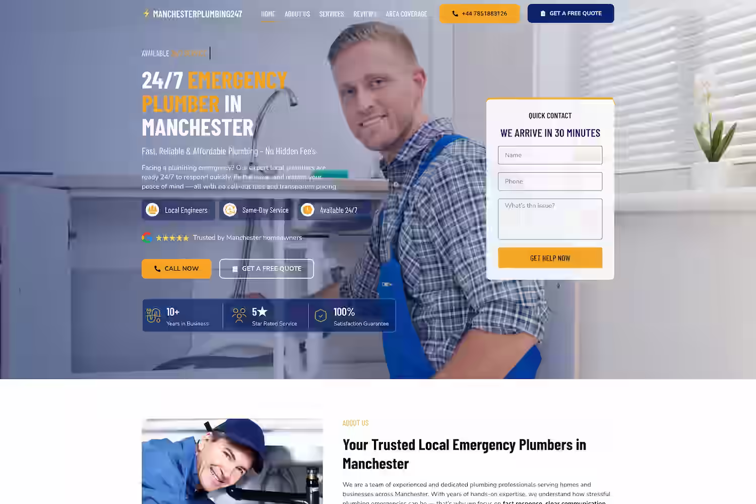 Manchester Plumbing landing page - Elite IT Solutions