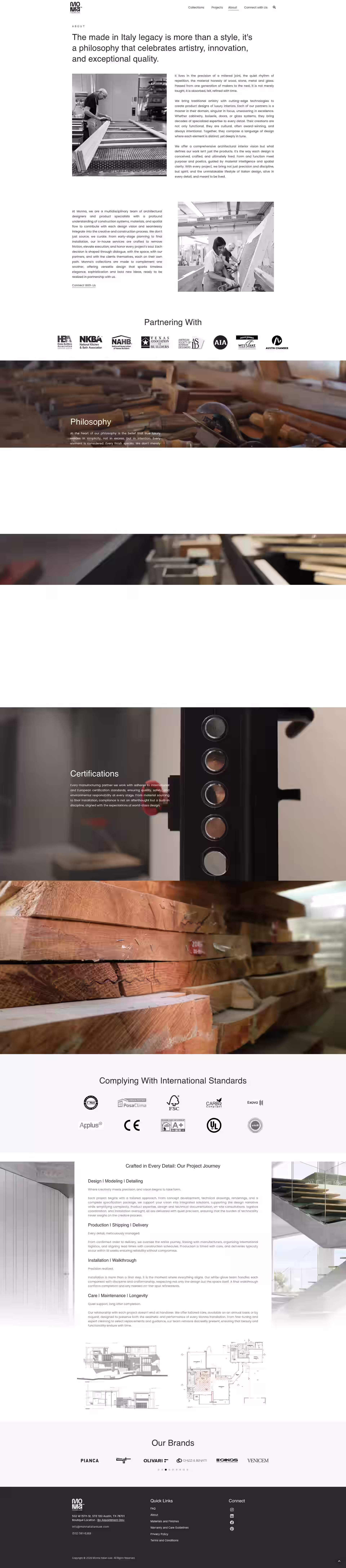 Philosophy and about section — Made in Italy design ethos, Monna Luxe