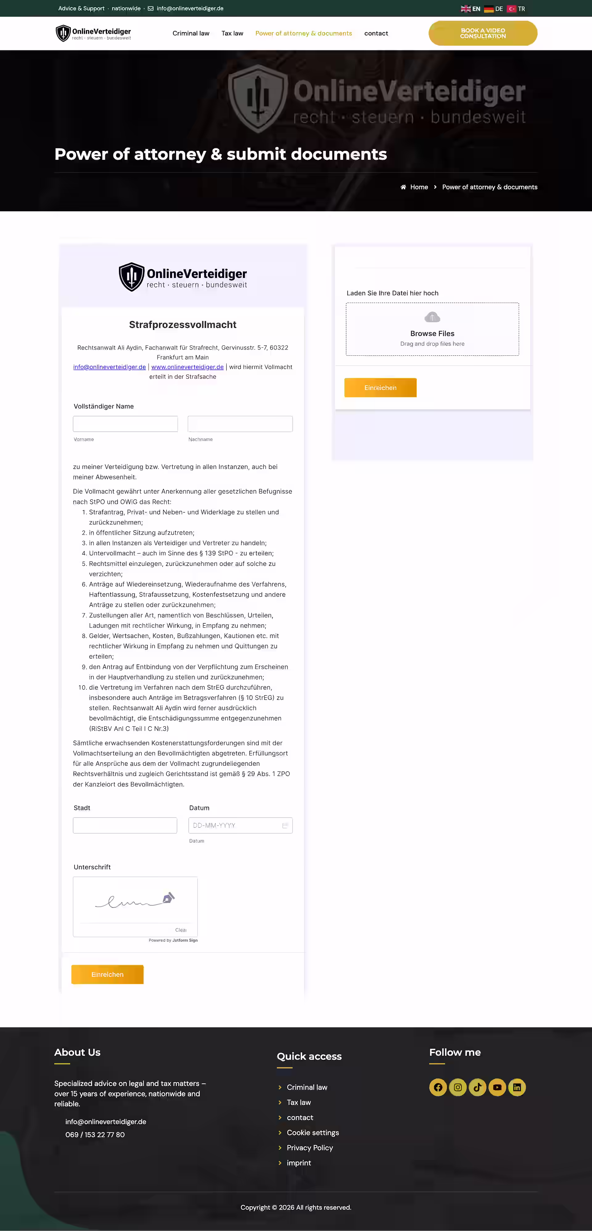 Online Verteidiger Why Act Early section explaining case dismissal and cost saving advantages