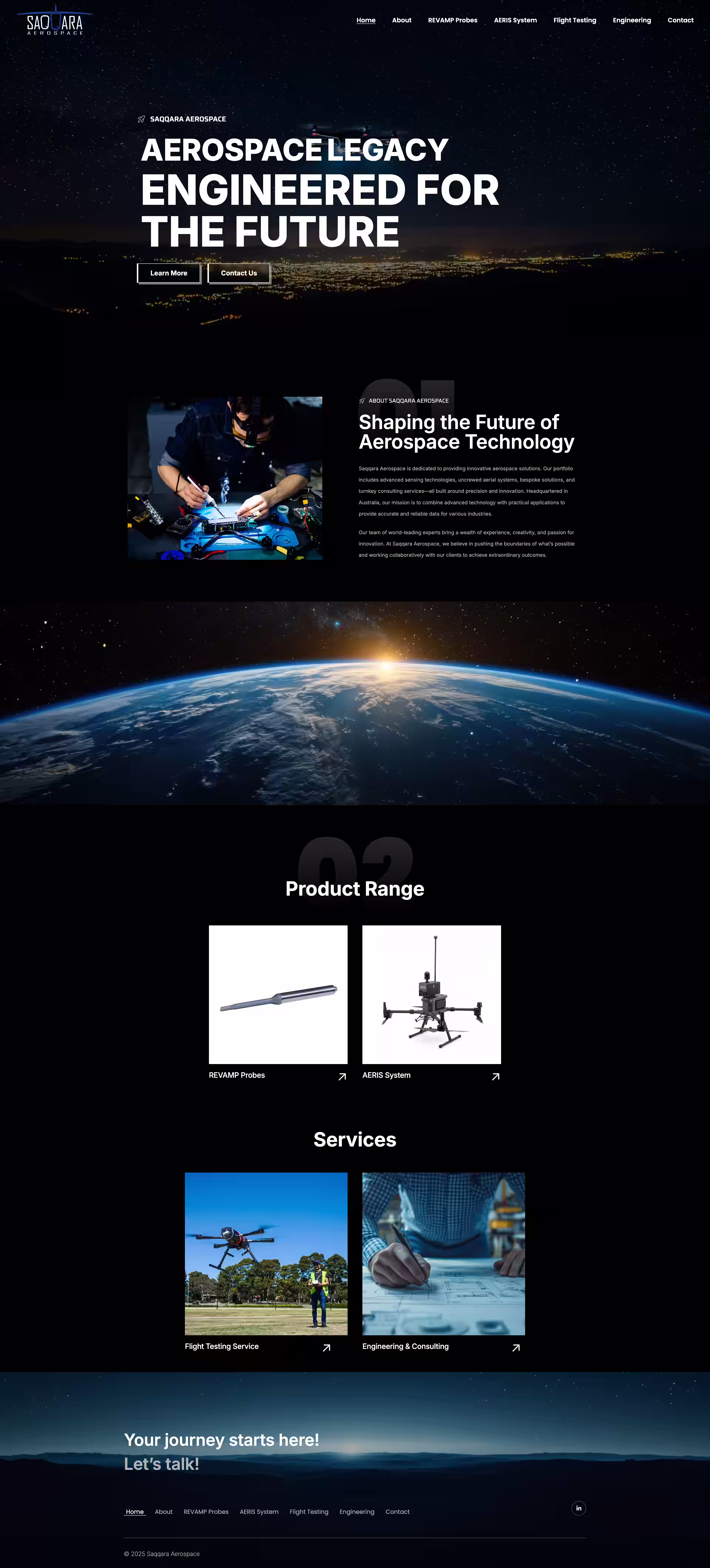Saqqara Aerospace hero with engineered for the future tagline