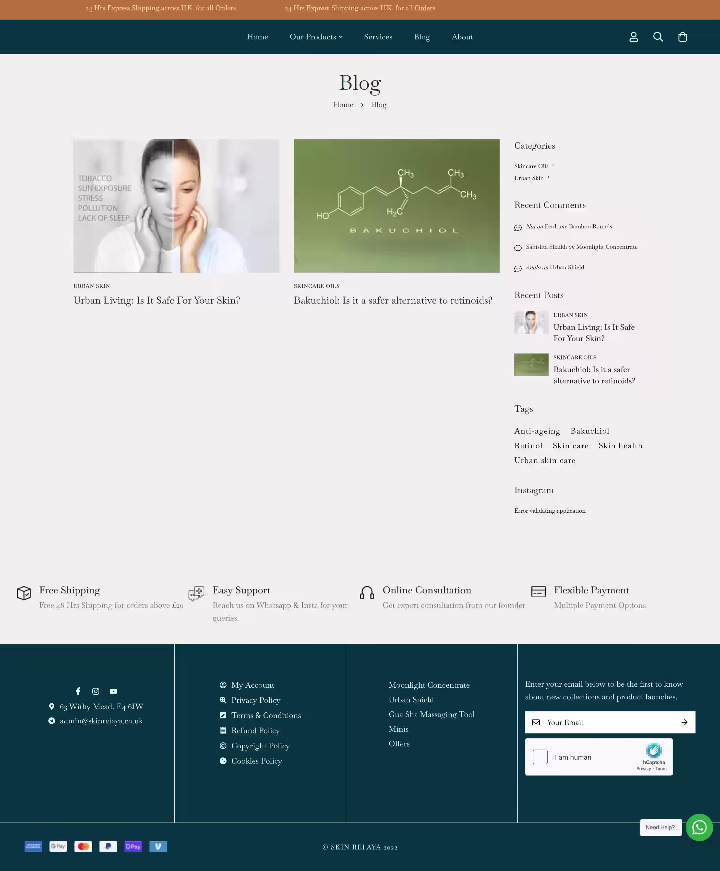 Travel packs and blog content section for Skin Reiaya skincare