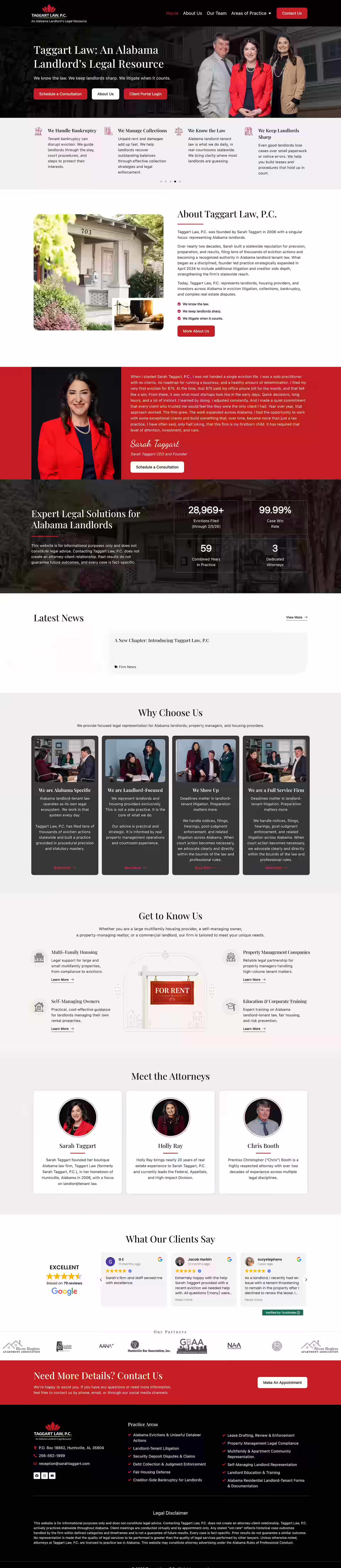 Taggart Law homepage hero with Alabama landlord tenant law firm positioning, Elite IT Solutions