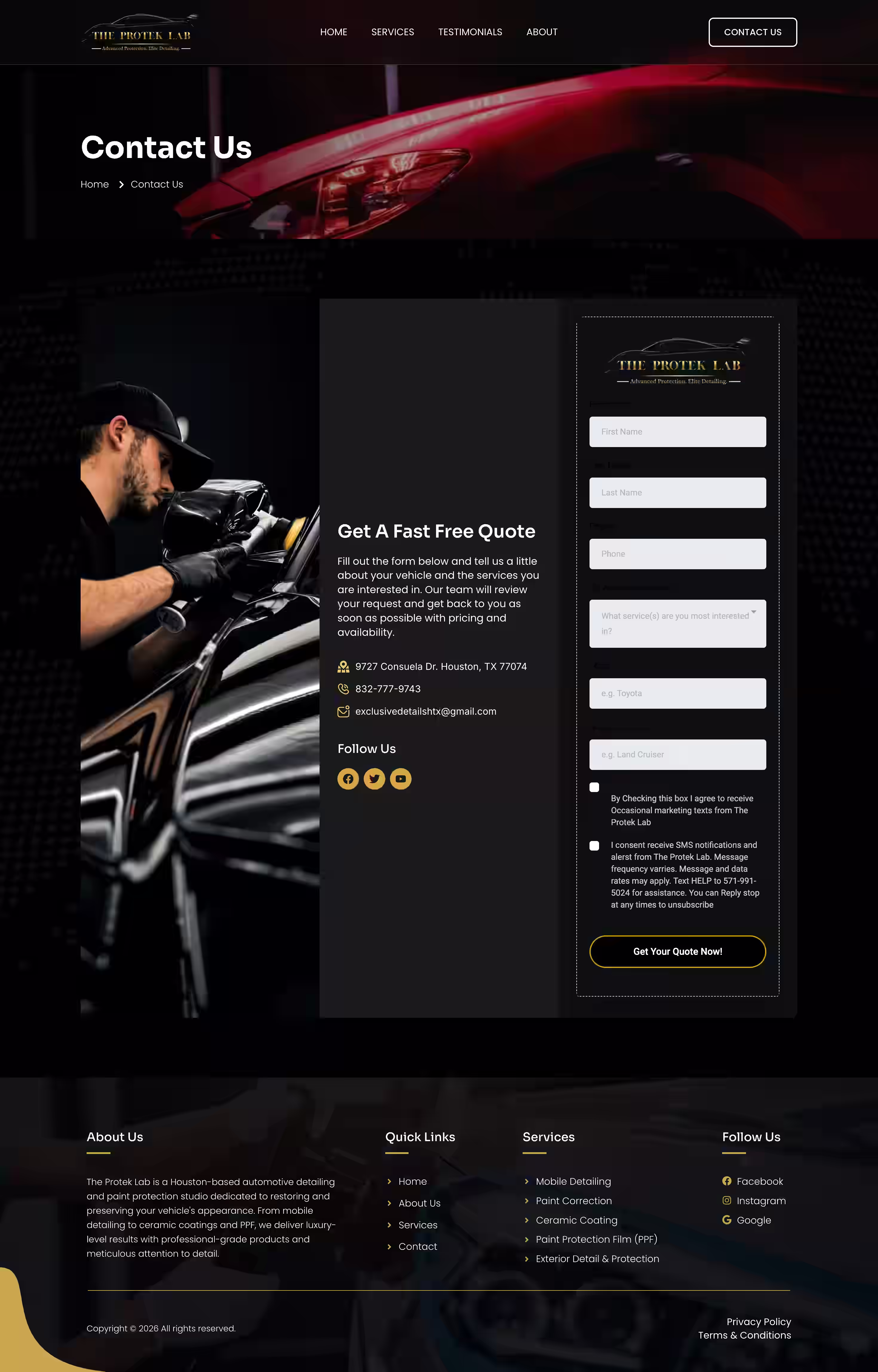 the protek lab website contact us screenshot