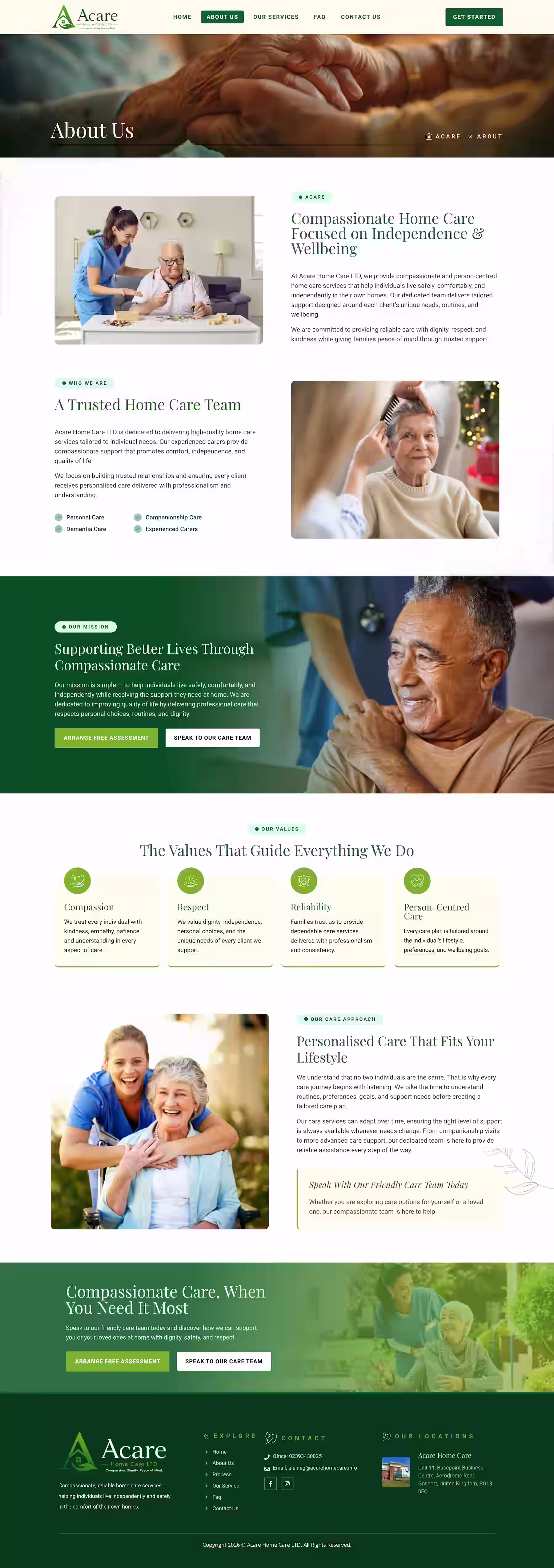 Acare home care website design about us screenshot