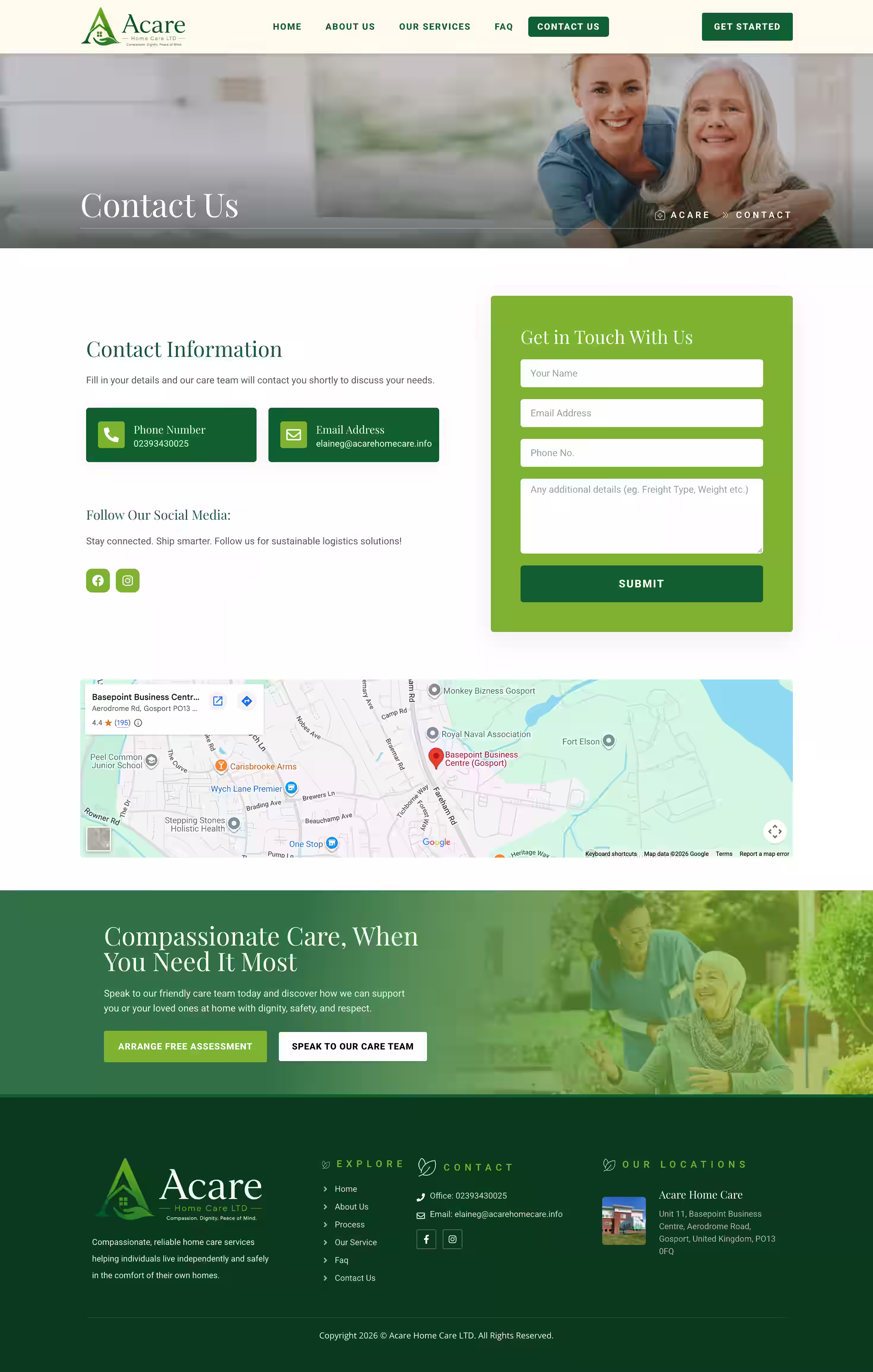 Acare home care website design contact screenshot