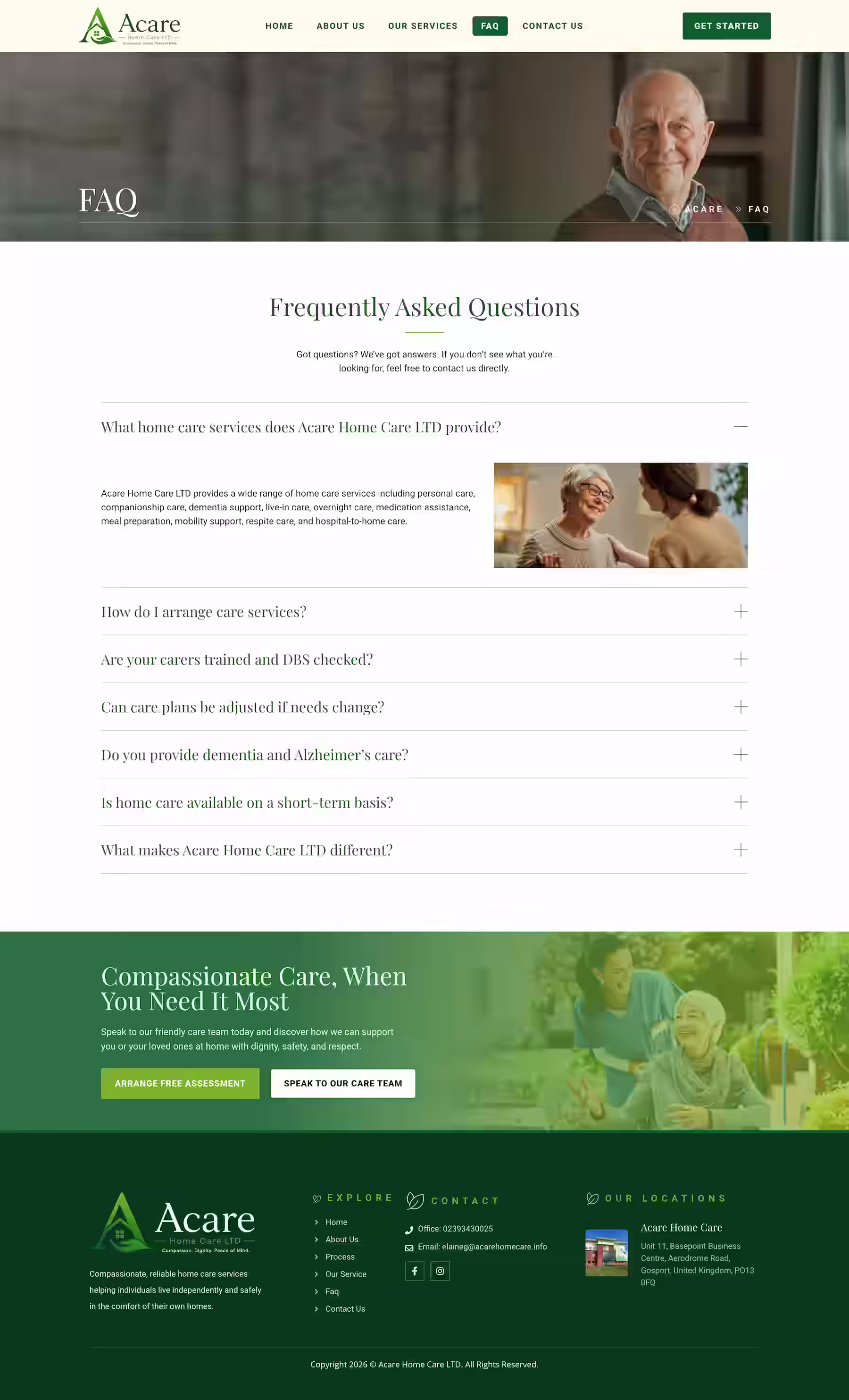 Acare home care website design FAQ screenshot