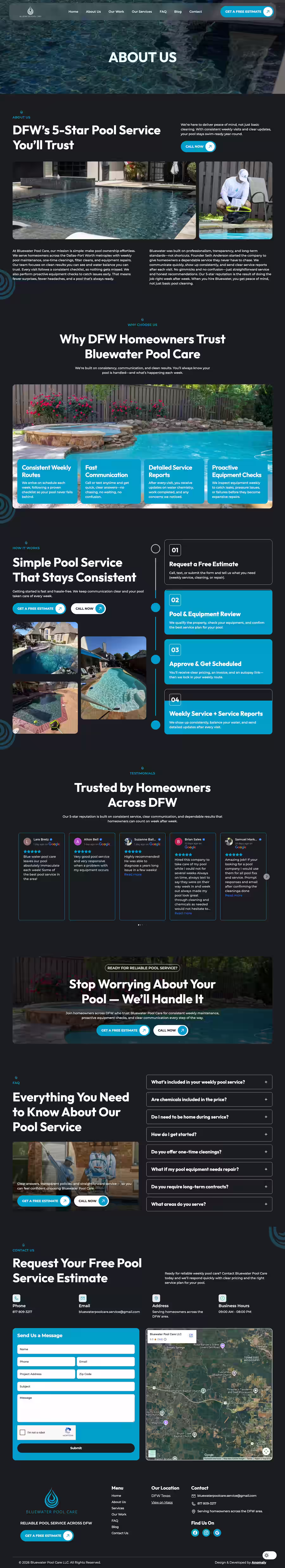 Bluewater pool care website design about us screenshot