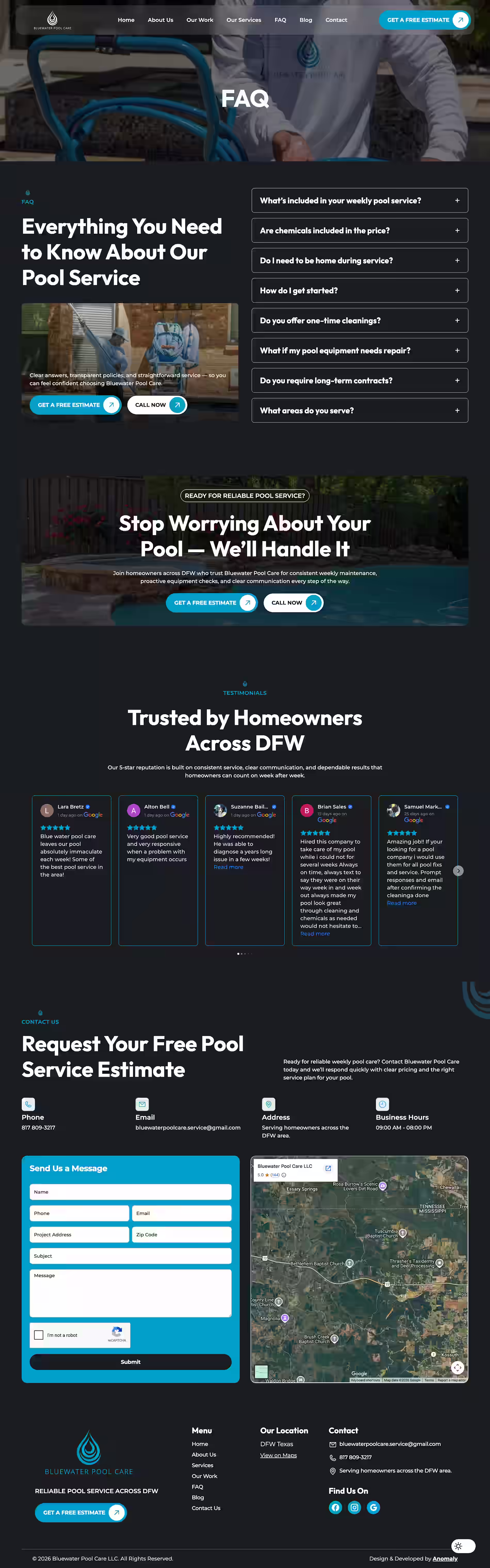 Bluewater pool care website design faq screenshot