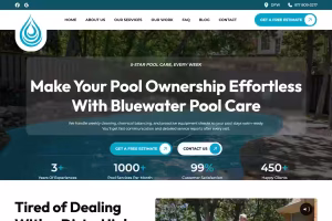 Bluewater pool care website design homepage screenshot