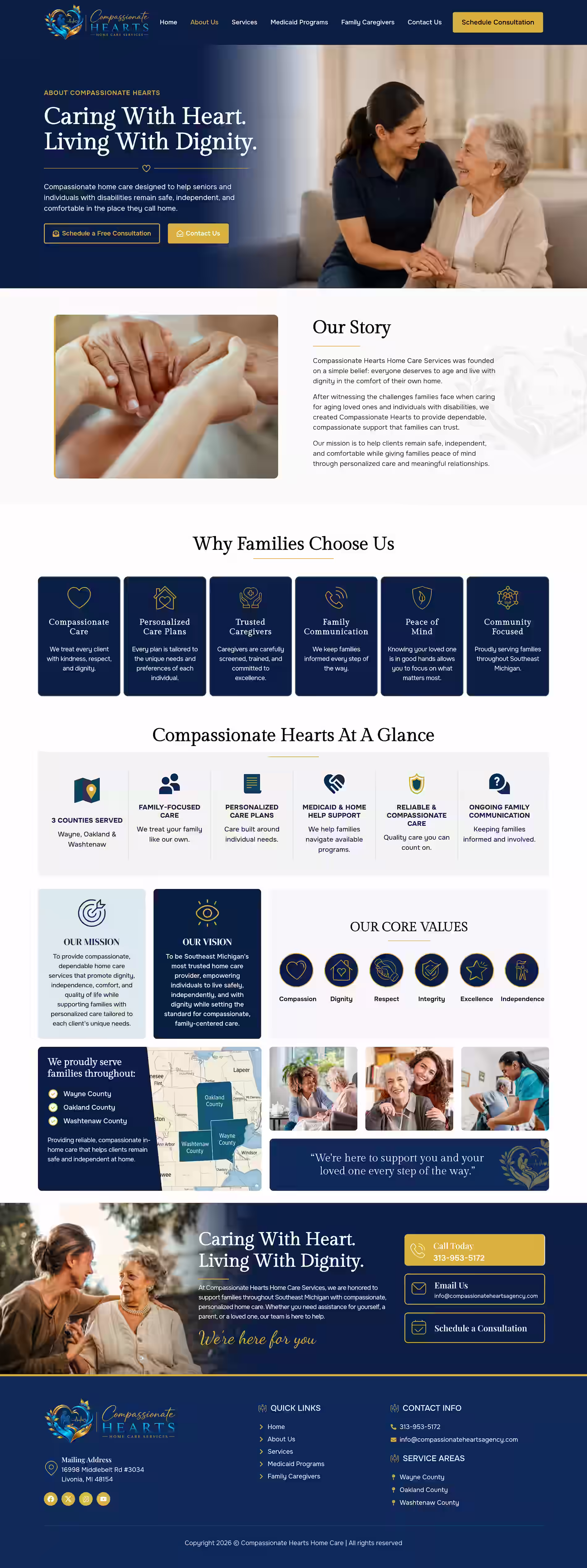 Compassionate hearts home care website about us screenshot