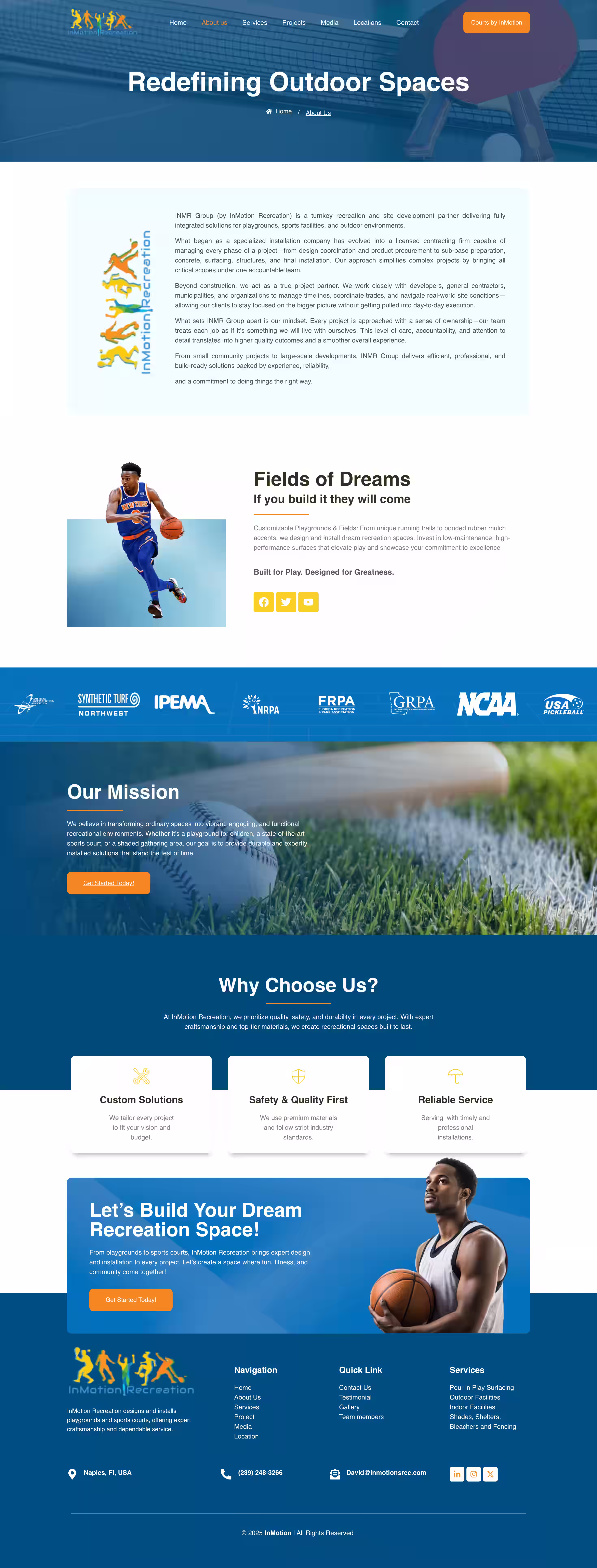 Inmotion recreation website design about us screenshot