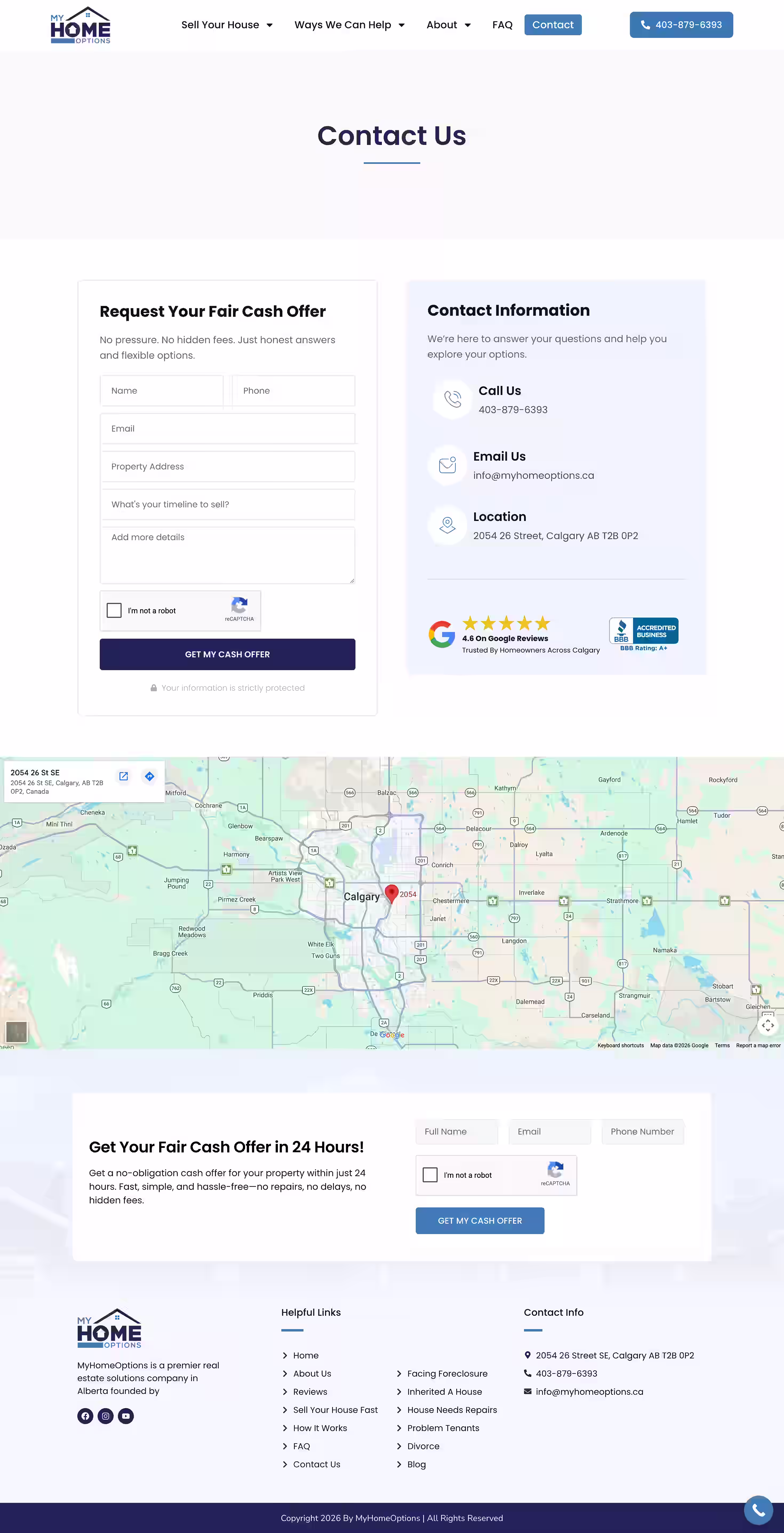 Myhomeoptions cash home buying website contact us screenshot