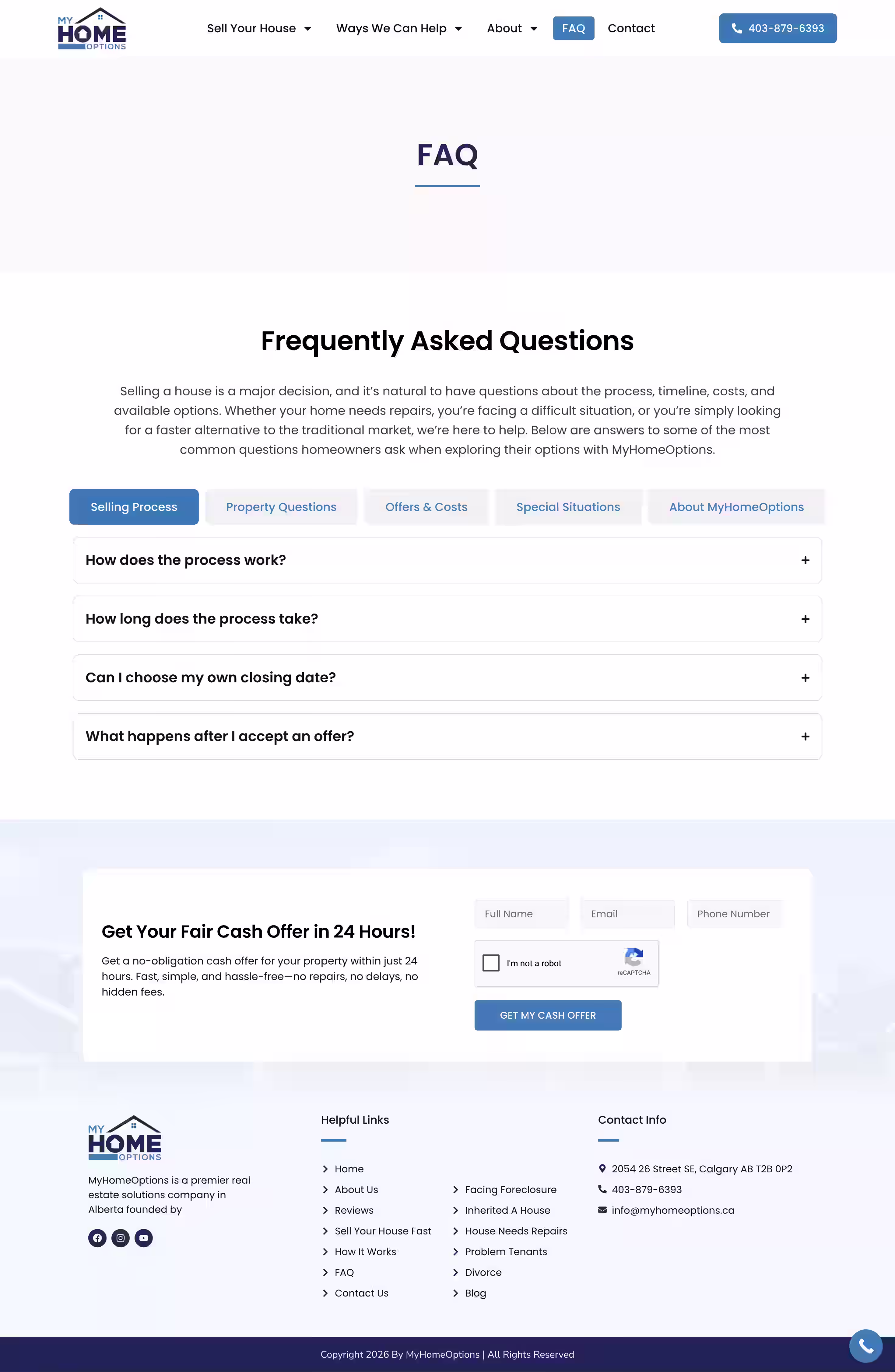 Myhomeoptions cash home buying website FAQ screenshot