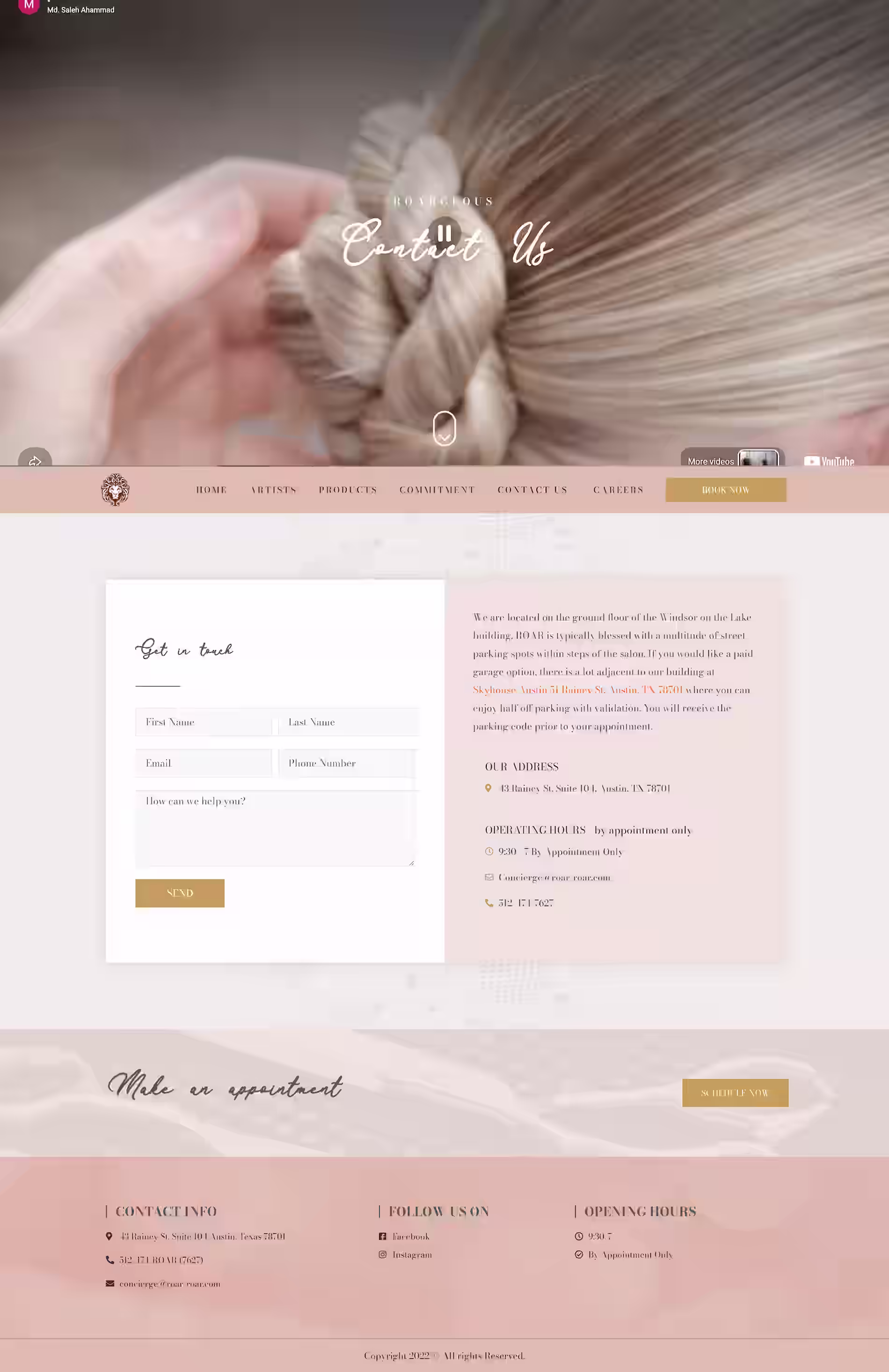 Roar salon hair salon website contact us screenshot