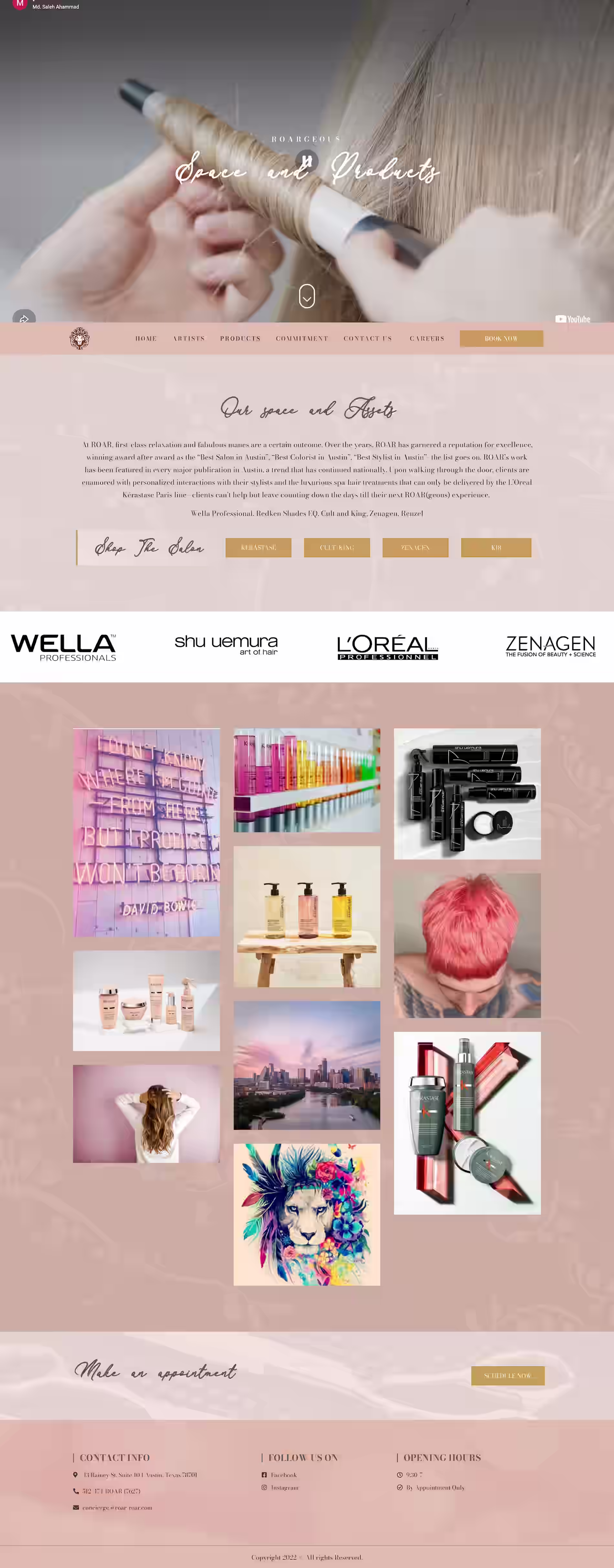 Roar salon hair salon website products screenshot