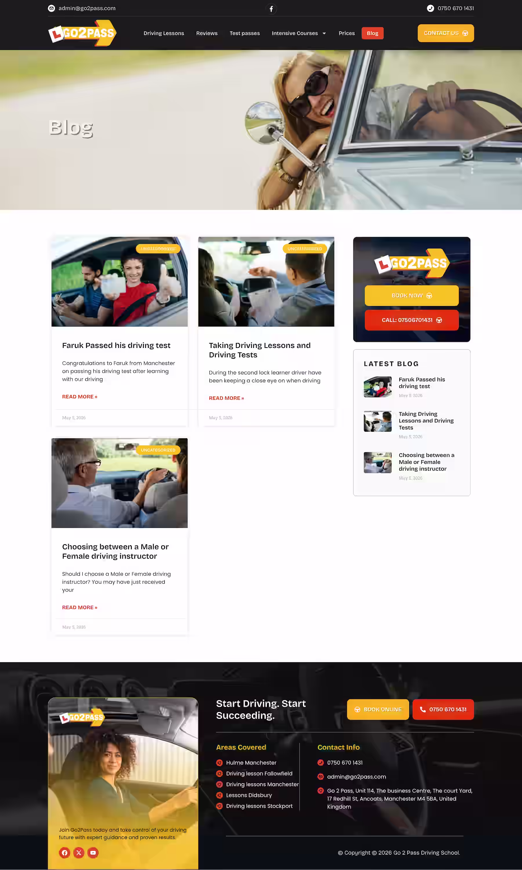 Instructor testimonials section on Go2Pass driving school site
